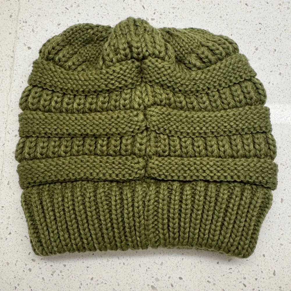 C.C Messy Bun Beanie Tail Women OS Olive Green New Ponytail Cable Knit Hat